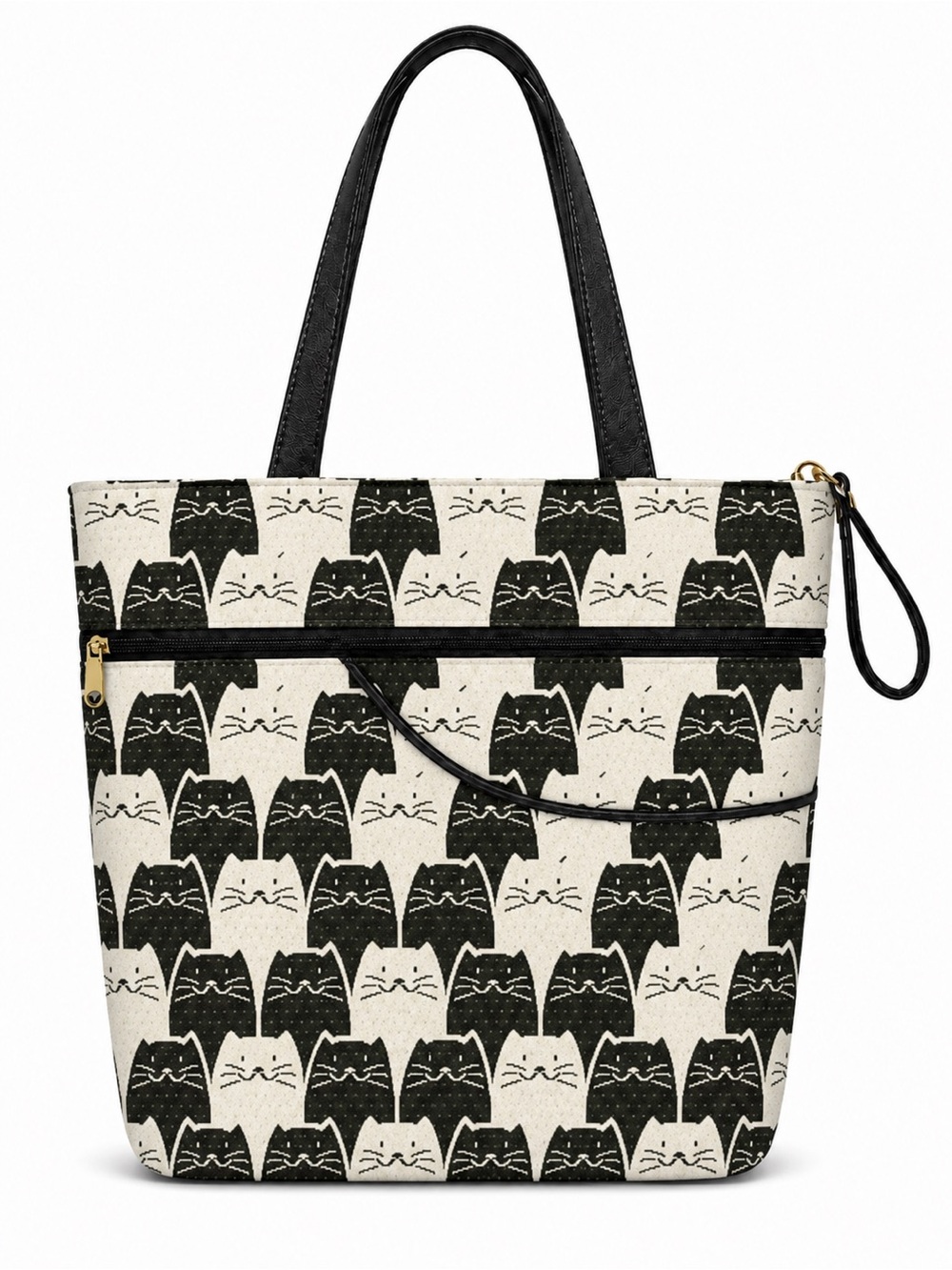 Danny K. Isabella Cat Print Tote Shoulder Bag Tapestry Zip Pockets Black Cream